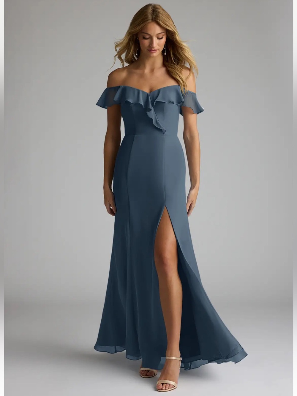 Azazie Off-Shoulder Ruffle Maxi Dress With Slit